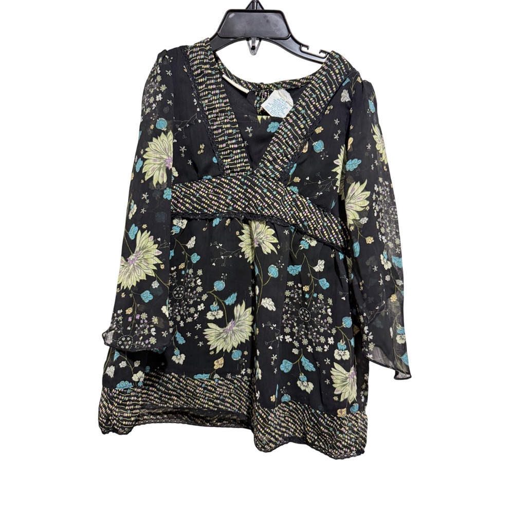 Mary-Kate and Ashley Floral Tunic Girls XS 4/5 Black Boho Bell Sleeve VTG Y2K